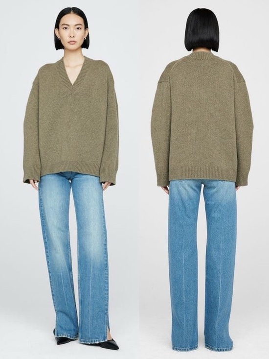 Anine Bing Sweaters - ANINE BING Rosie Cashmere V-Neck Oversized Sweater Olive Green